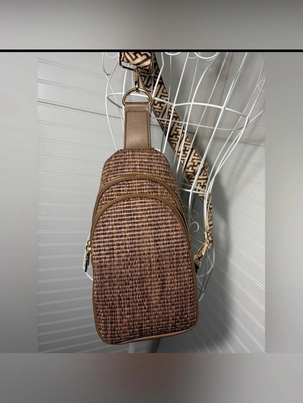 Boutique- Vegan Brown Woven Crossbody Sling Bag with Patterned Strap